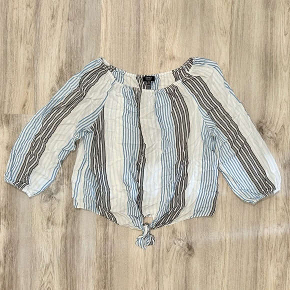 Jones New York Tie Front 3/4 Sleeve Top Viscose White Blue Stripe Shirt Size XL - Picture 1 of 7